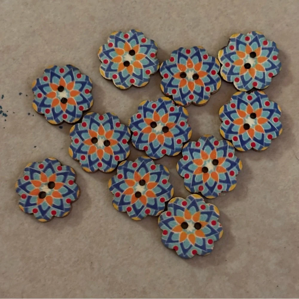Floral Mosaic Wooden Buttons - Blue Orange Accent (Set of 11)